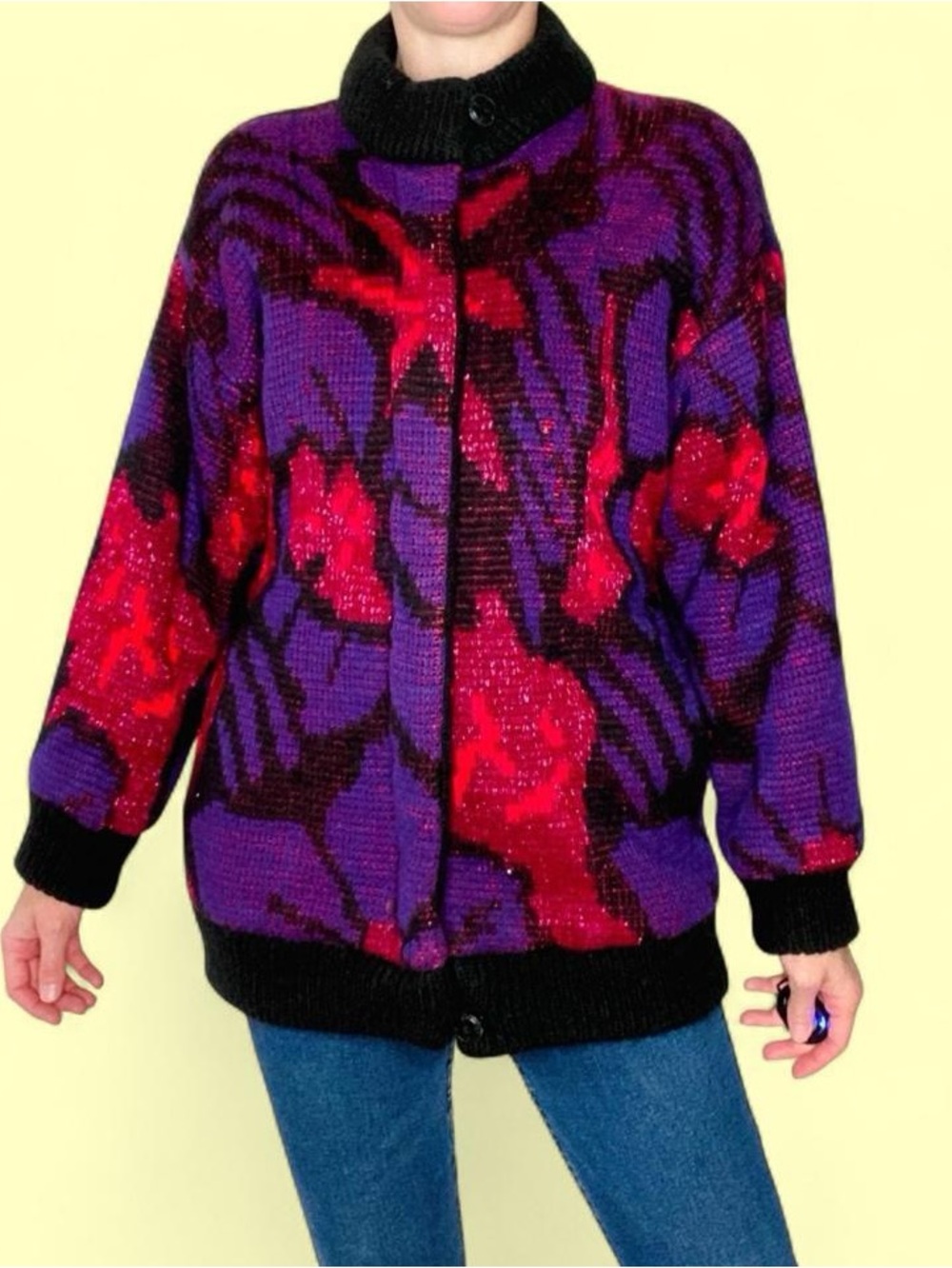 Vintage Jennifer Chase 80’s Purple Red Abstract Thick Sweater Jacket